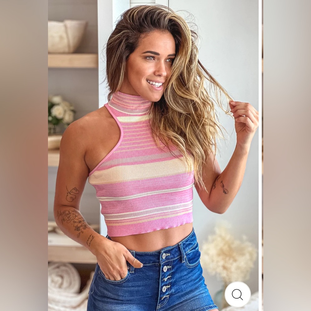 Le Lis Pink and Cream Striped High Neck Racer Back